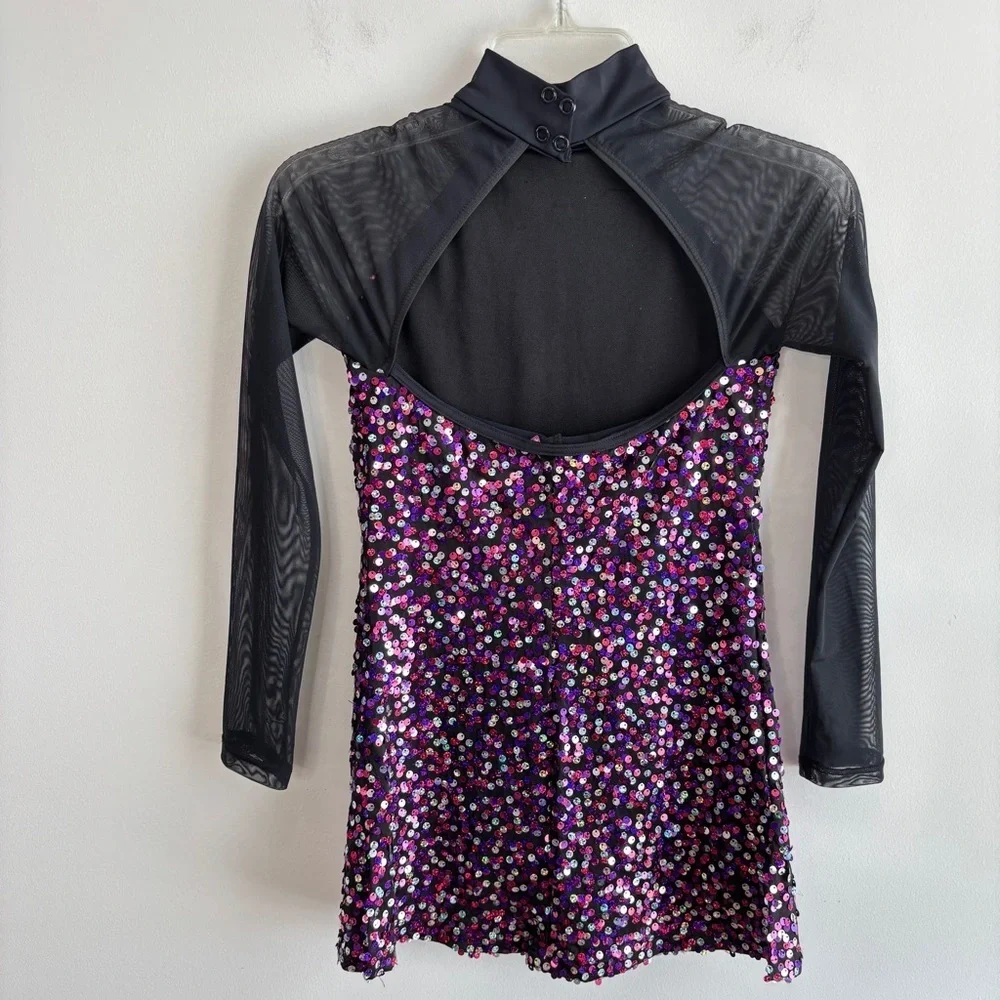 Balera Dance Skating Dress Costume size LC Black Colorful Confetti Sequin Mesh